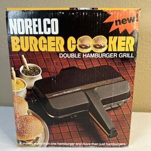 NOS Vintage Norelco Burger Cooker Double Sided Hamburger Grill/Griddle Made USA